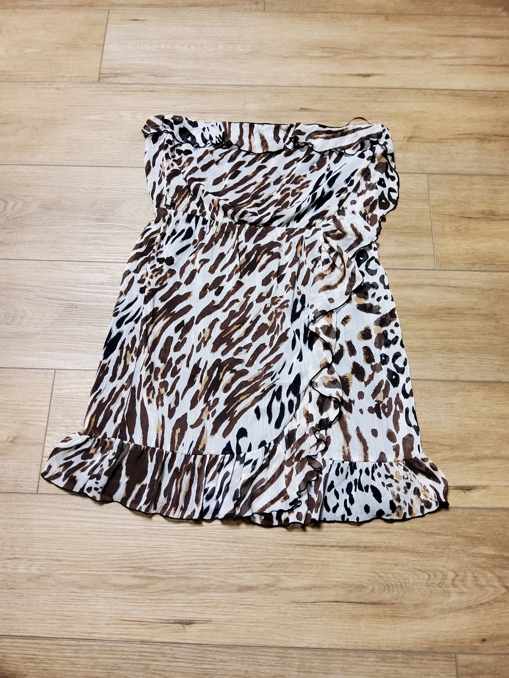 Y2K Modern Love Strapless Mixed Animal Print Layered Ruffle Hem Mini Dress